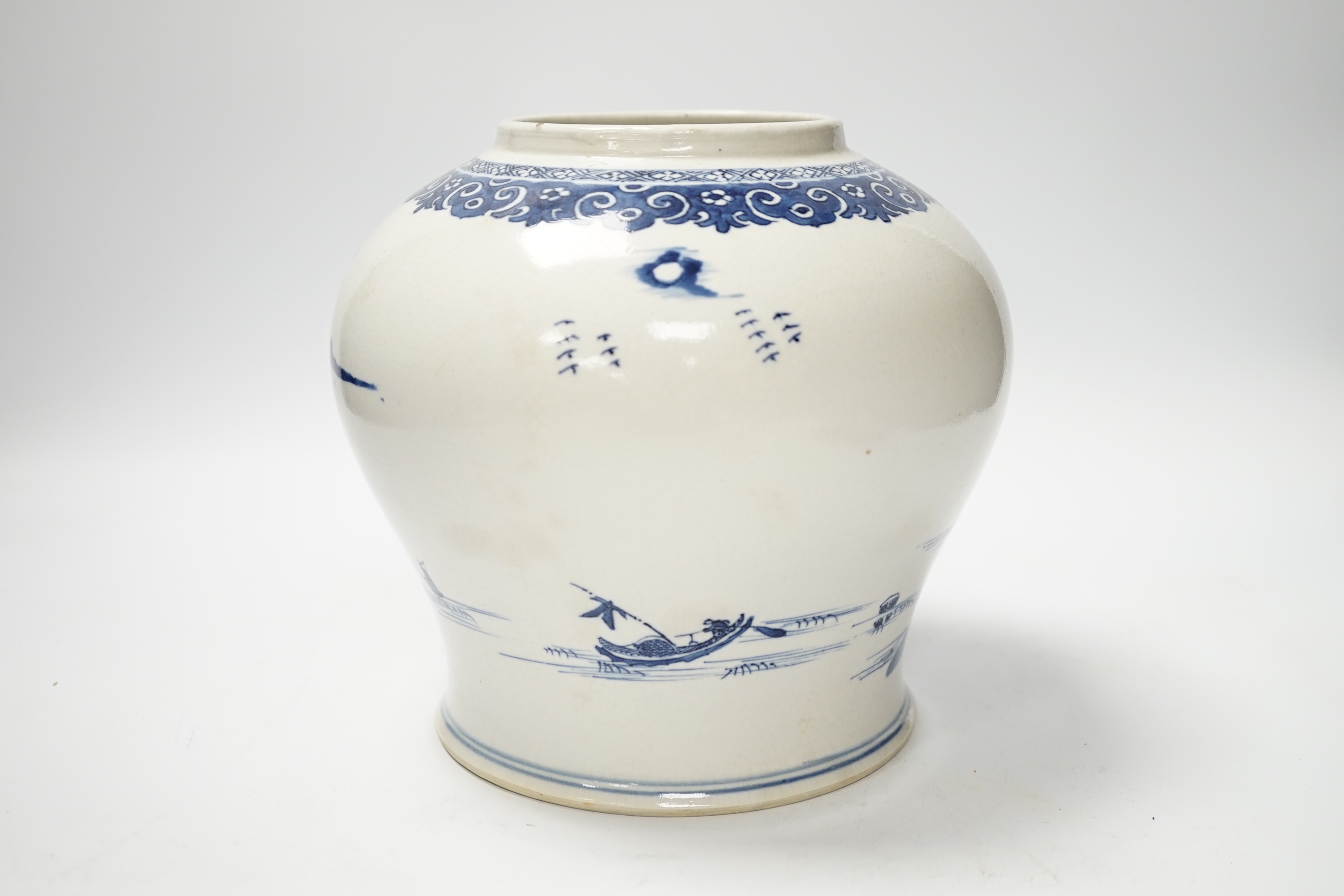 A Chinese Qianlong blue and white ‘soft paste’ porcelain landscape jar, 19cm high